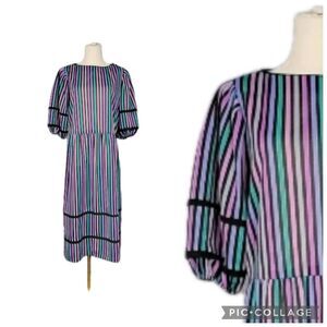 Vintage 70s 80s Lady Carol of New York Striped Puff Sleeve Midi Dress Multicolor